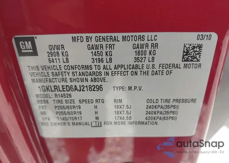 2010 GMC Acadia Sle из США, поврежденный, VIN 1GKLRLED6AJ218296